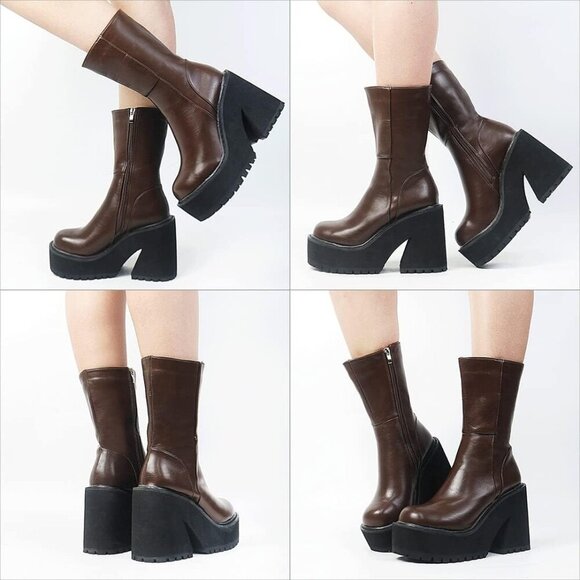 Women Ankle Boots Synthetic Leather Chunky Heel Platform Shoe Size 7.5 - Picture 3 of 6